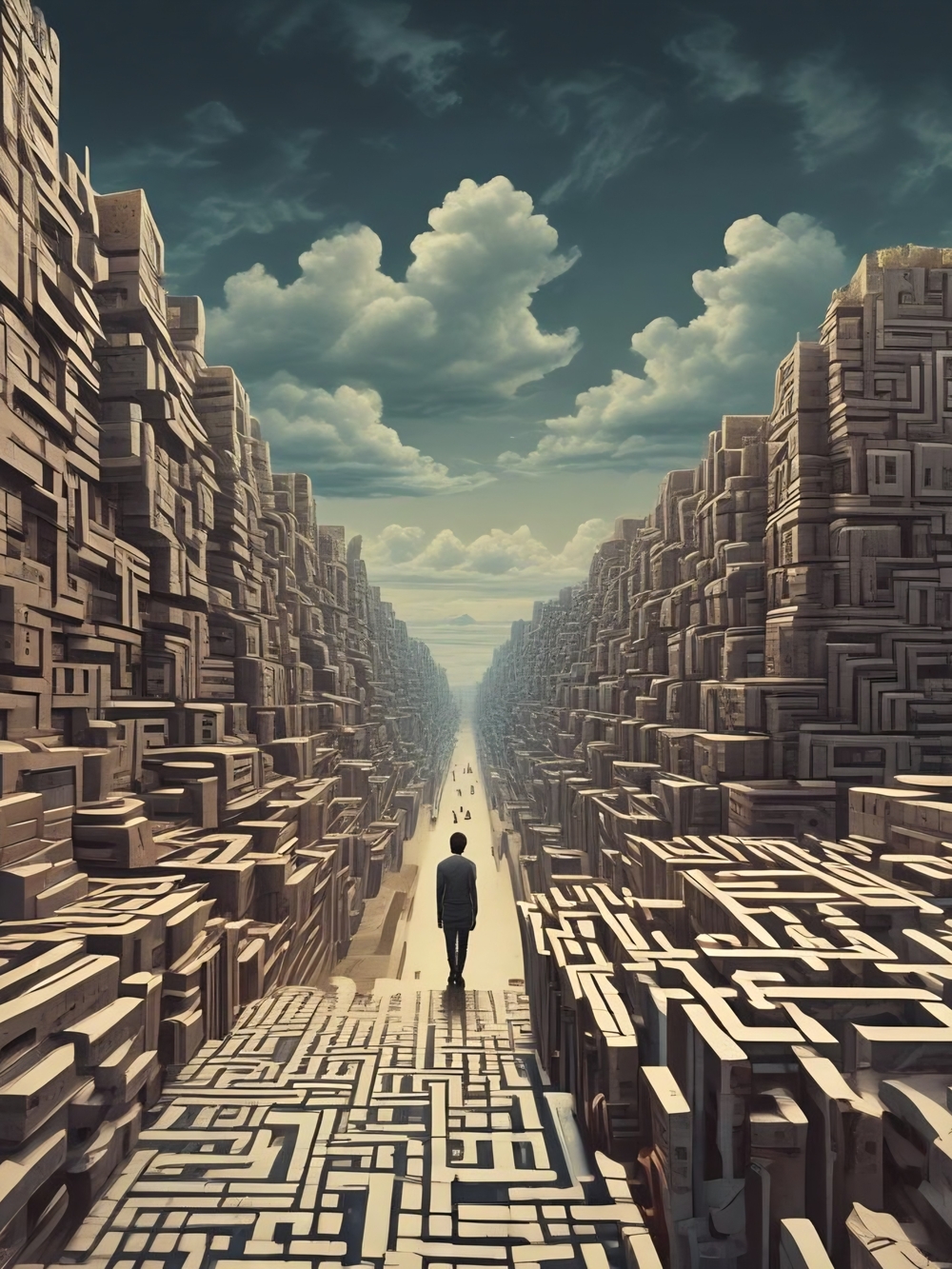 Contemplative Maze Cityscape Art Print in Brown and Cream